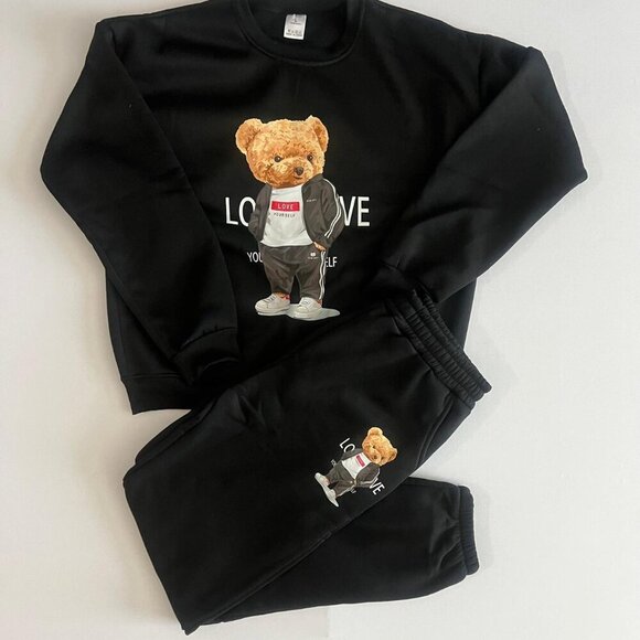Black Teddy Bear Graphic Fleece Set Sweatshirt & Joggers Love Yourself  Size L - Picture 2 of 4